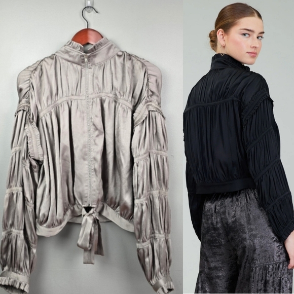 CURRENT AIR Anthropology‎ Gray Crop Long Sleeve Satin Jacket Womens Size L - Picture 1 of 12